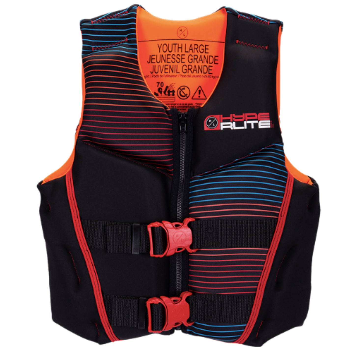 Hyperlite Boys Youth Indy Life Jacket in Black, red, orange, and blue