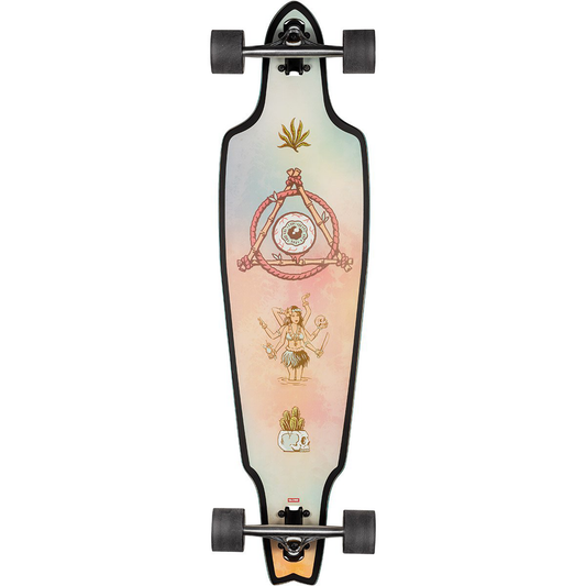 Globe Prowler Classic longboard, pastel background colour with four animated symbols.