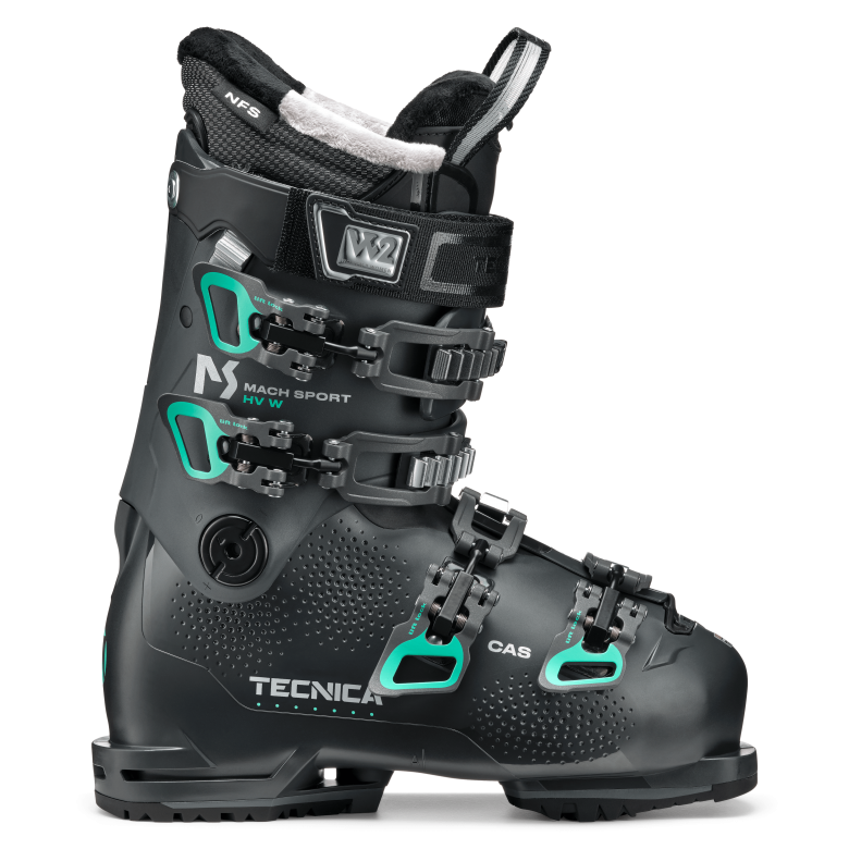 side view of the 2023 tecnica mach sport hv 85 women's alpine ski boots