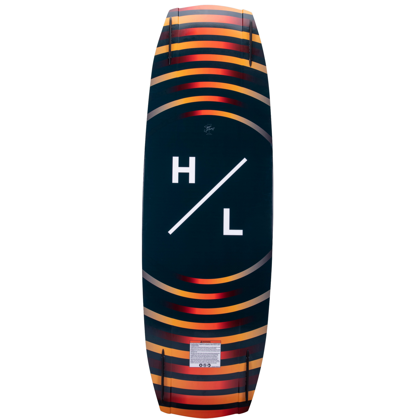 Hyperlite Back of Hyperlite Baseline wakeboard in black, white, red and orange.
