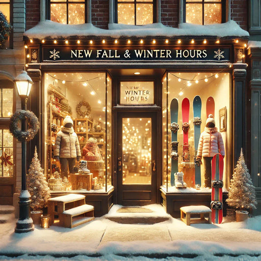 a winter storefront with a sign that says "new fall & winter hours"