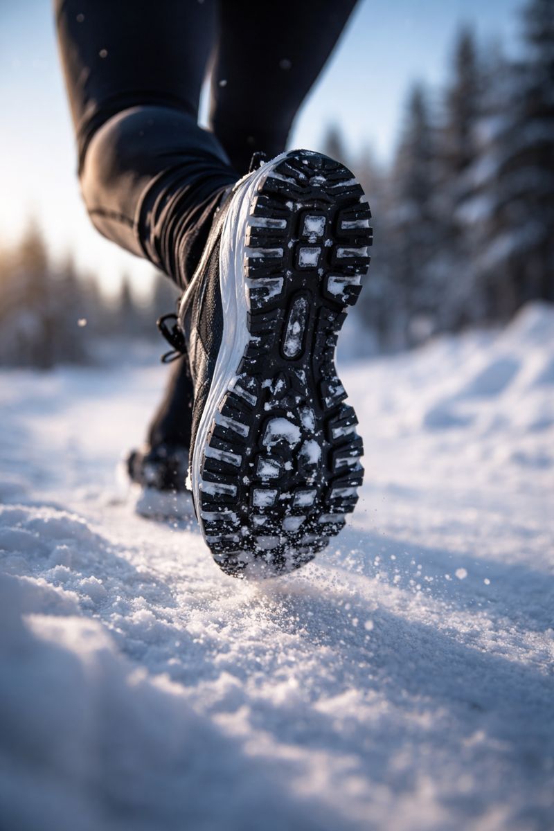 A person running through snow with specialized footwear for extra grip