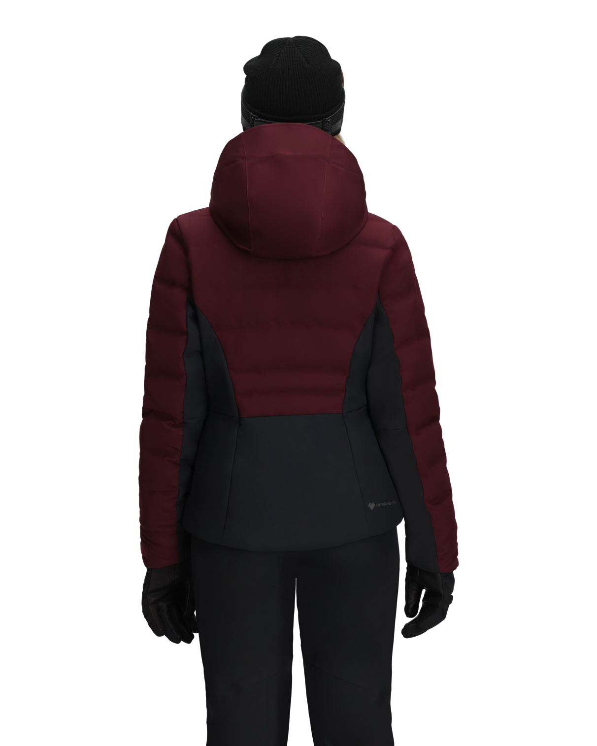 Maroon and black winter jacket with hood on a white background