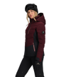 Person wearing a maroon and black winter jacket with a hood on a white background