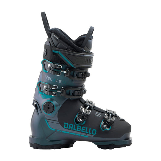 Black and teal Dalbello ski boot on a white background