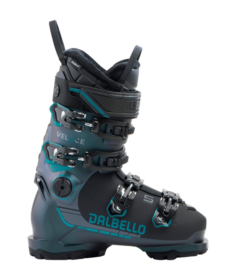 Black and teal Dalbello ski boot on a white background