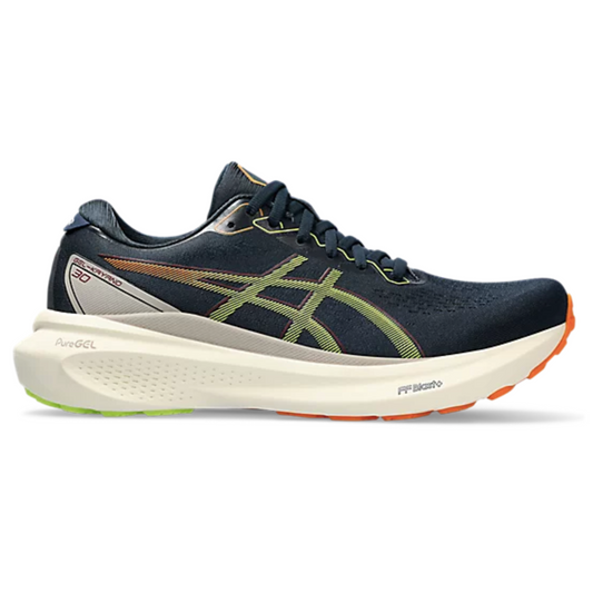 Asics men's kayano 30 in blue with green and white sole