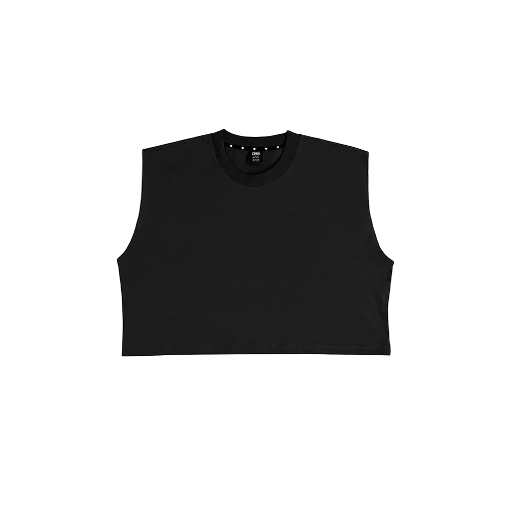 Black sleeveless top on a white background