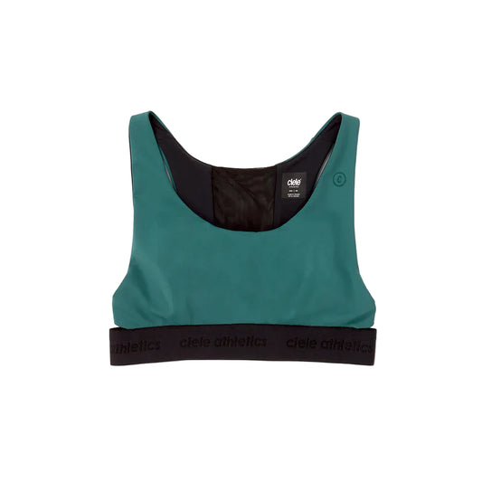 Green sports bra with black band on a white background