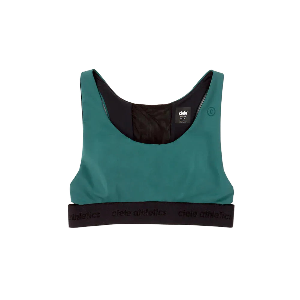 Green sports bra with black band on a white background