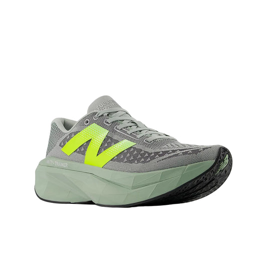 Gray running shoe with a bright green logo on a white background