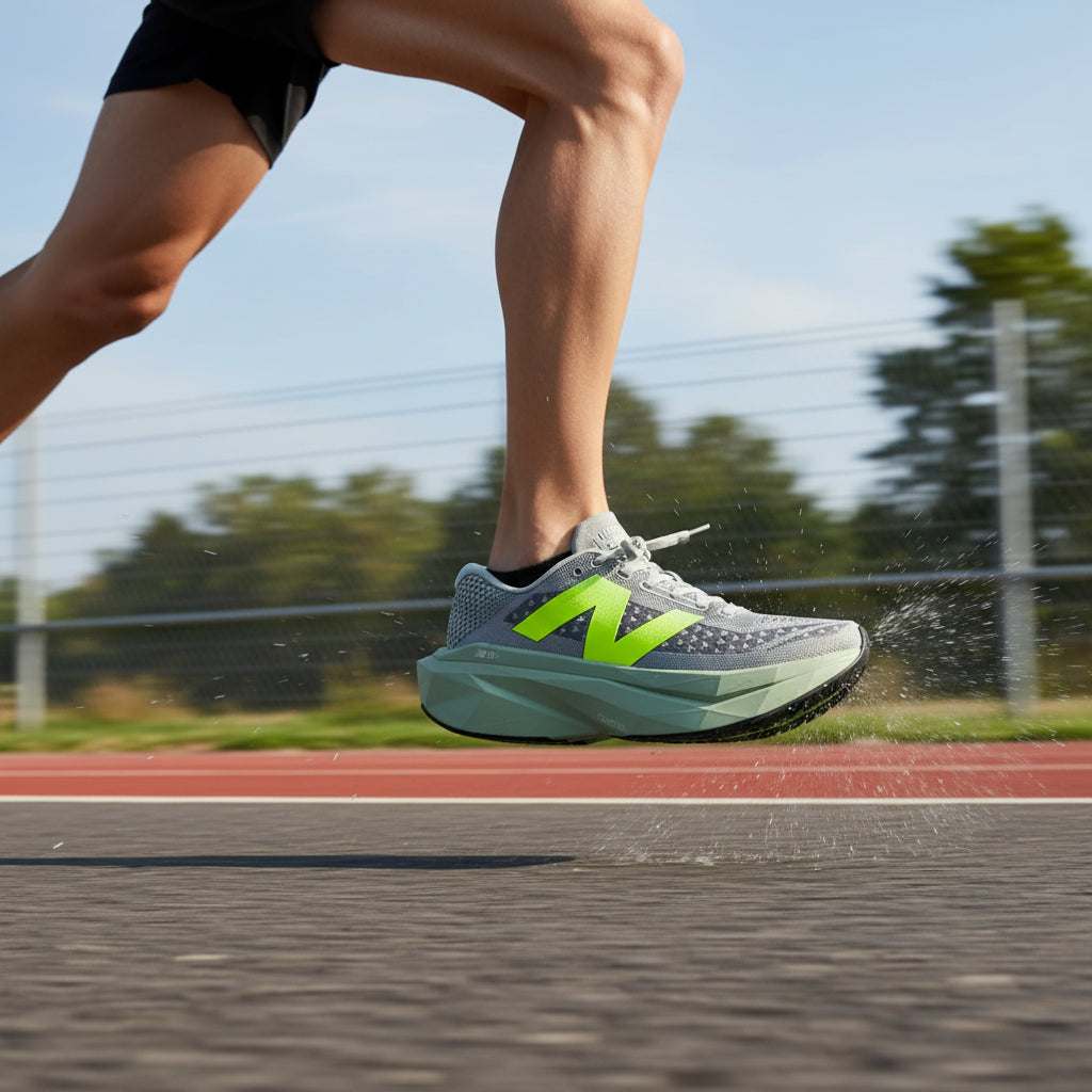 Gray running shoe with green accents on a white background