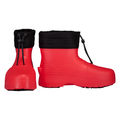 Red rubber boots with black cuffs on a light gray background