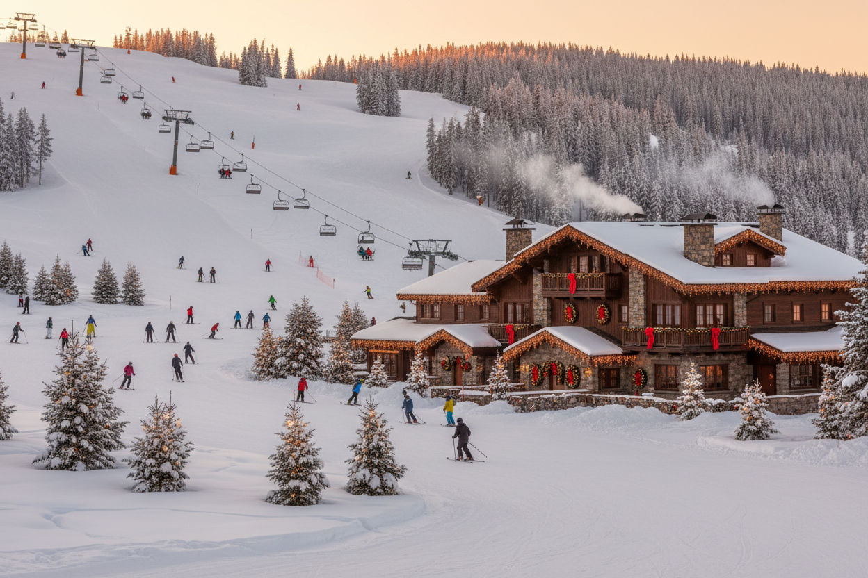 snow ski resort with a christmas theme