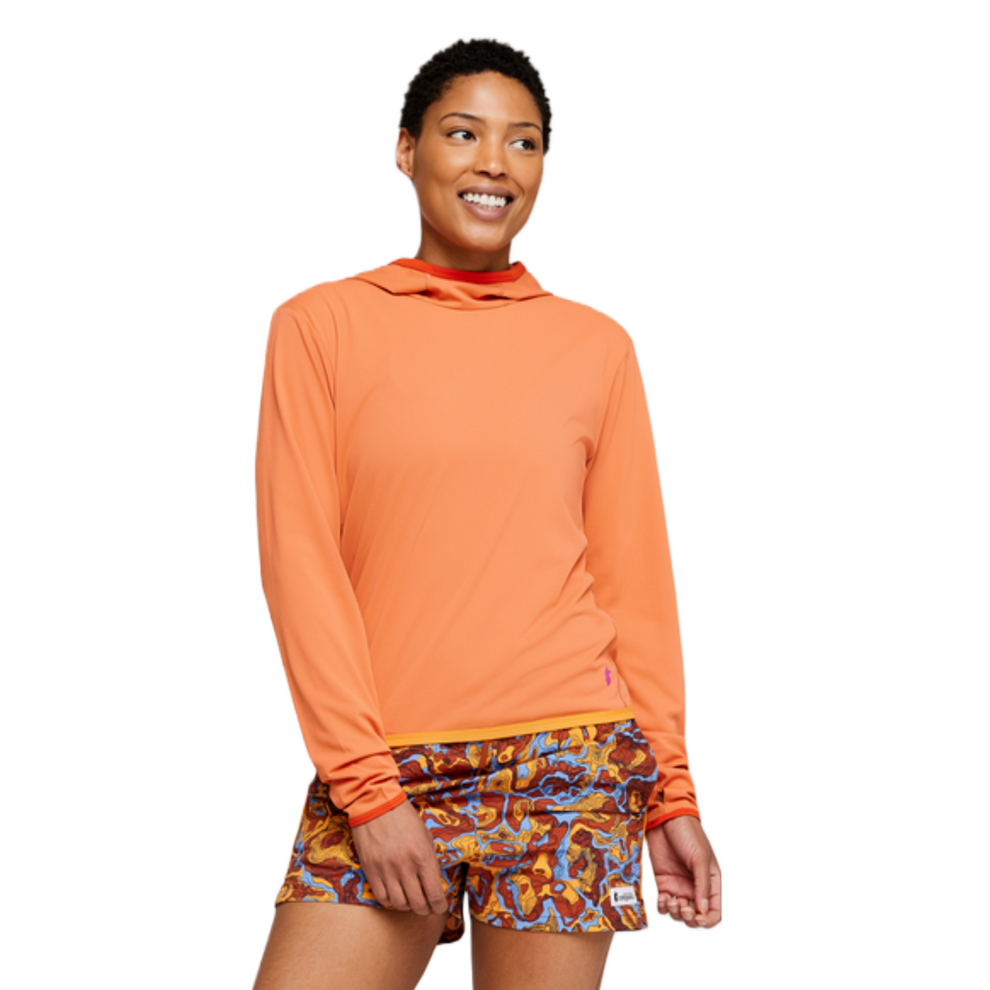 Cotopaxi Women's Sombra Sun Hoodie In colour nectar on model