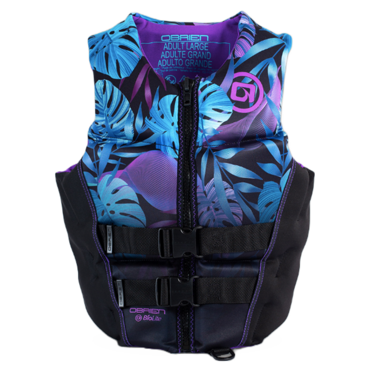 O'Brien Women's V-Back life jacket in black and purple floral