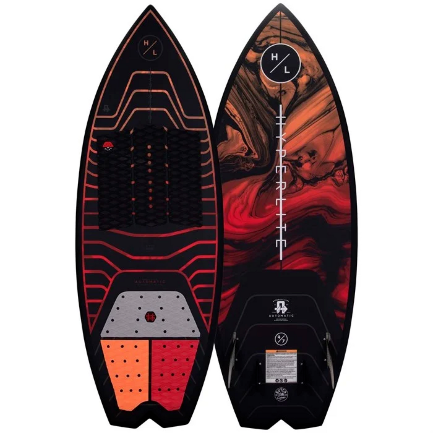 Top (left) and bottom (right) view of the hyperlite Automatic Wake Surfboard