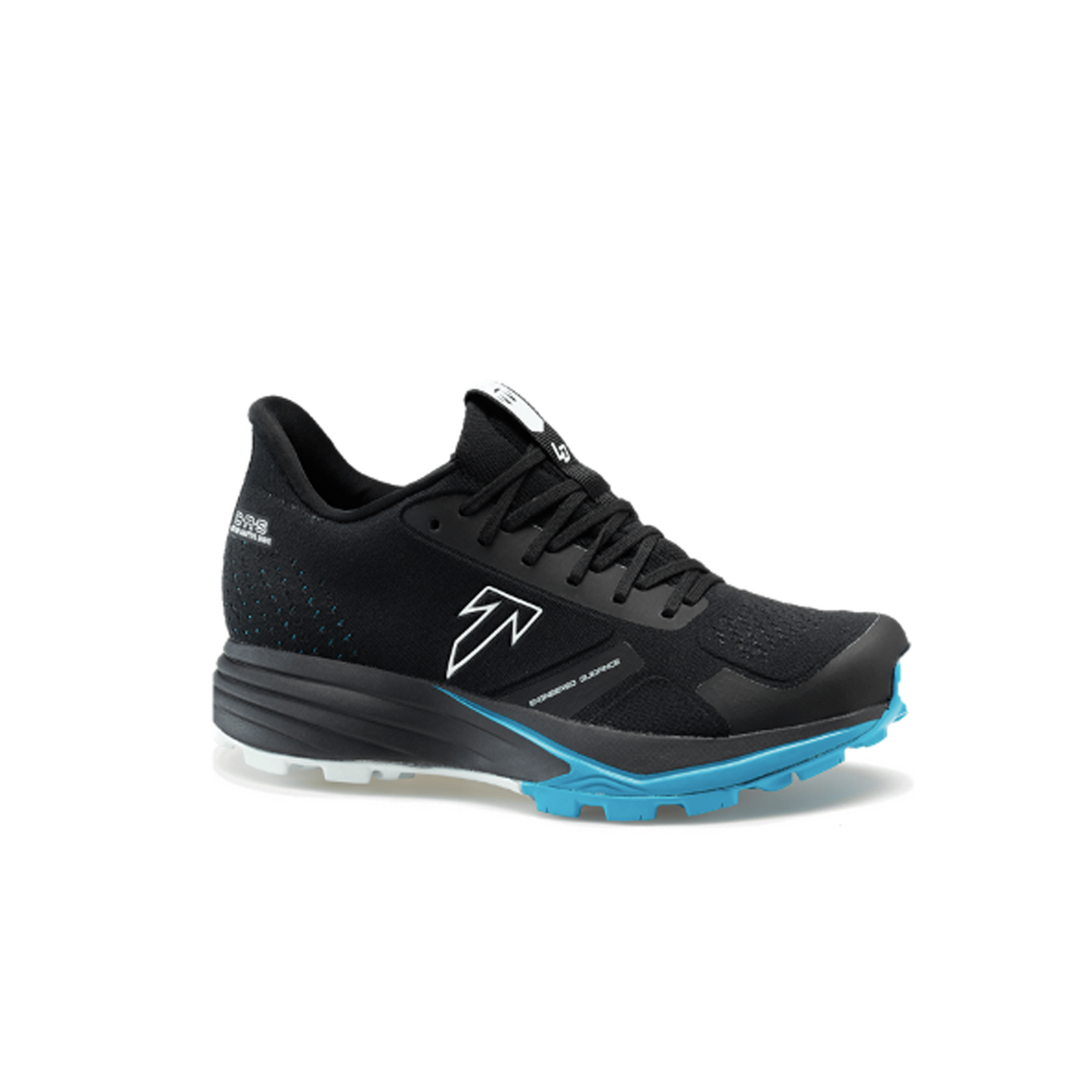 Side view of the Women's Tecnica Origin LD trail running shoe in the colour Black/Laguna
