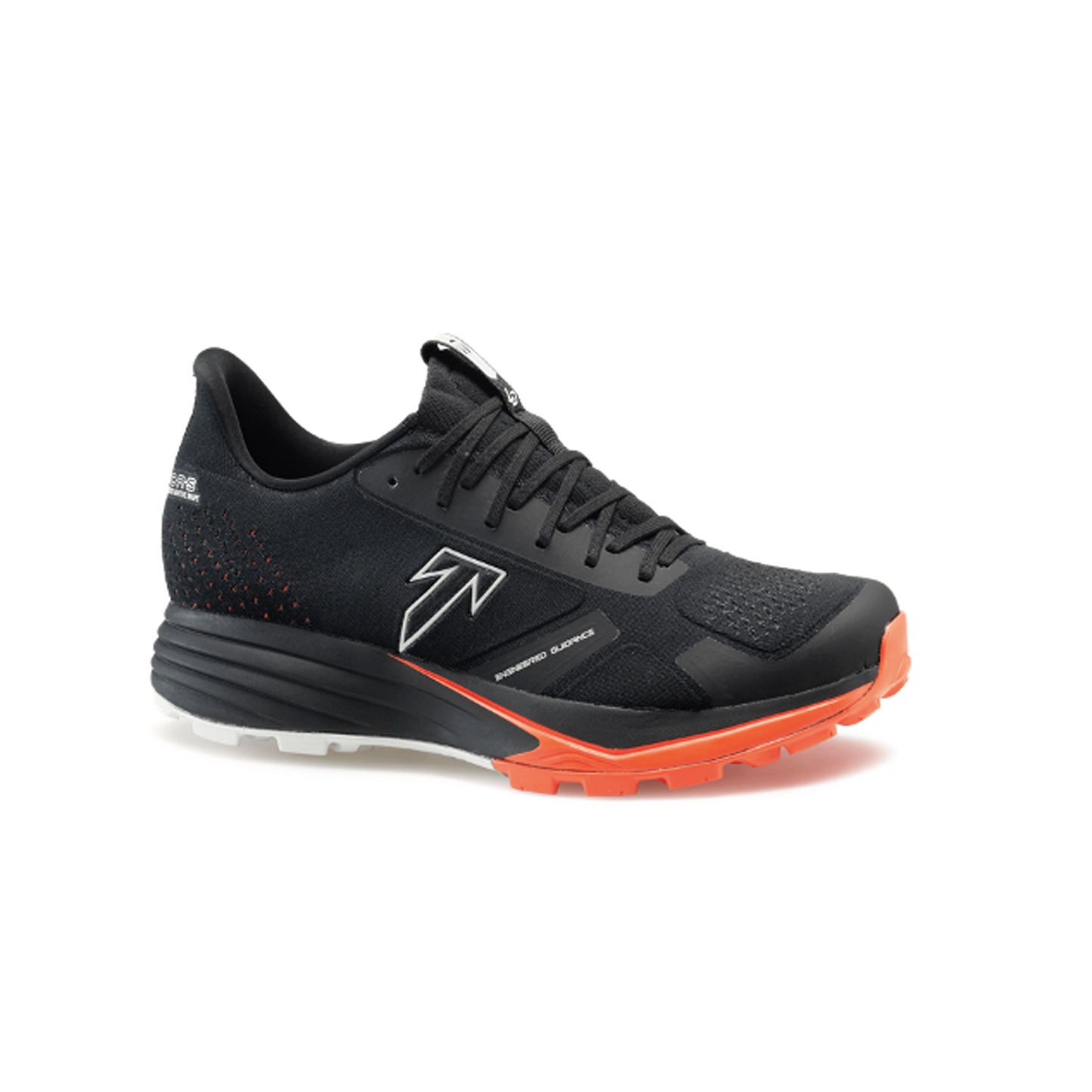 Side view of the Men's Tecnica Origin LD trail running shoe in the colour Black/Lava