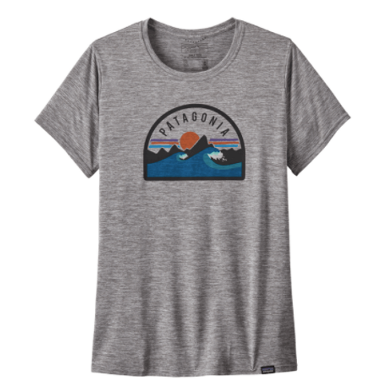 Patagonia Women's cap cool daily graphic t-shirt with a wave scene on the front and in the colour grey.