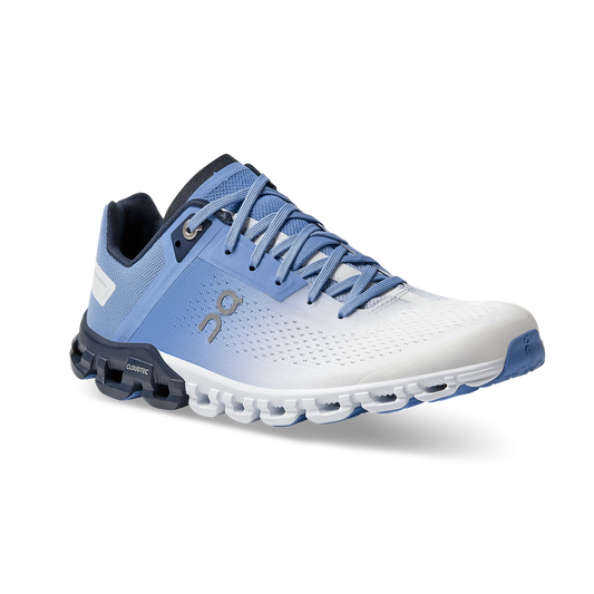 Women's ON Cloudflow running shoe in ombre blue to white.