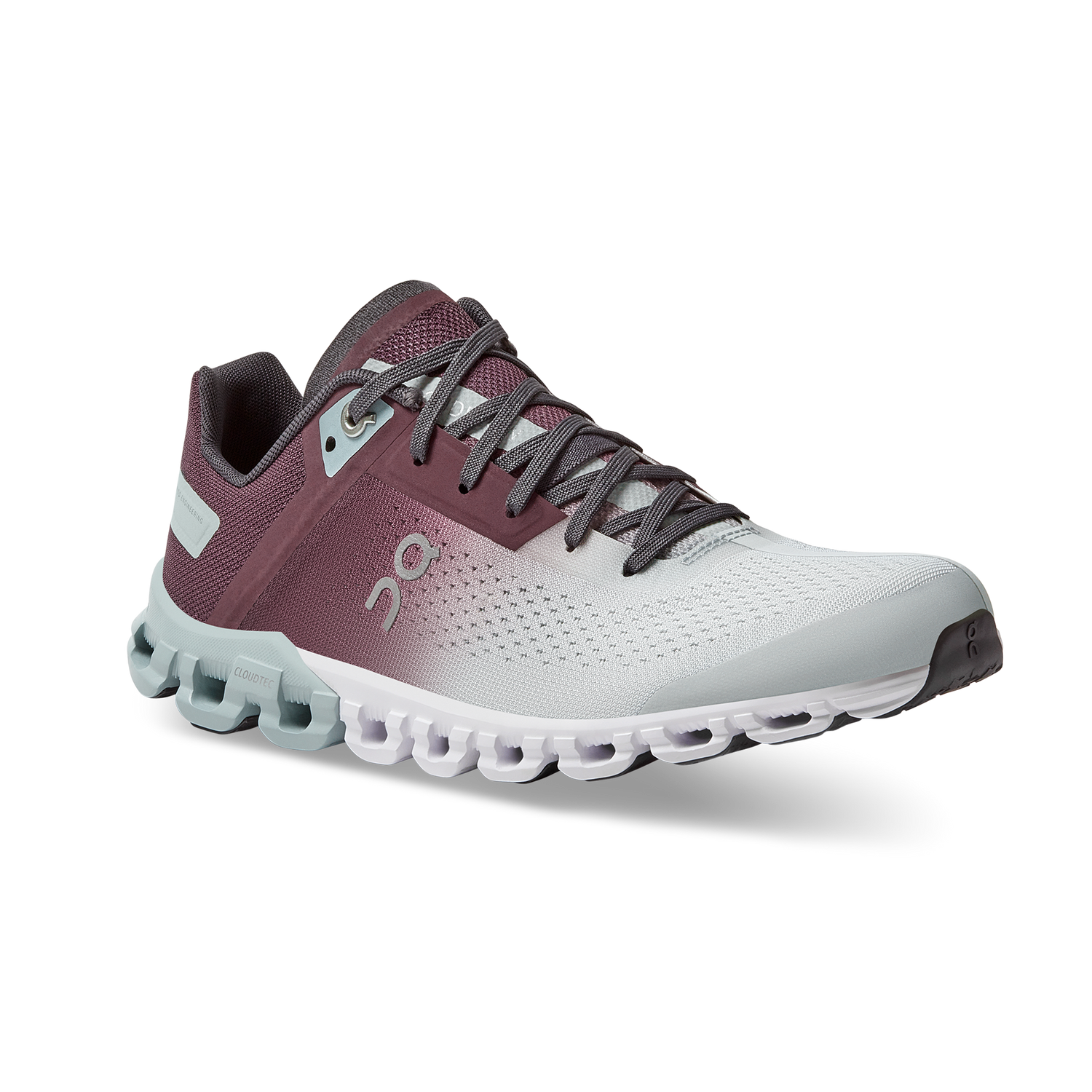 Women's ON Cloudflow running shoe in ombre burgundy to white, with light sage details.
