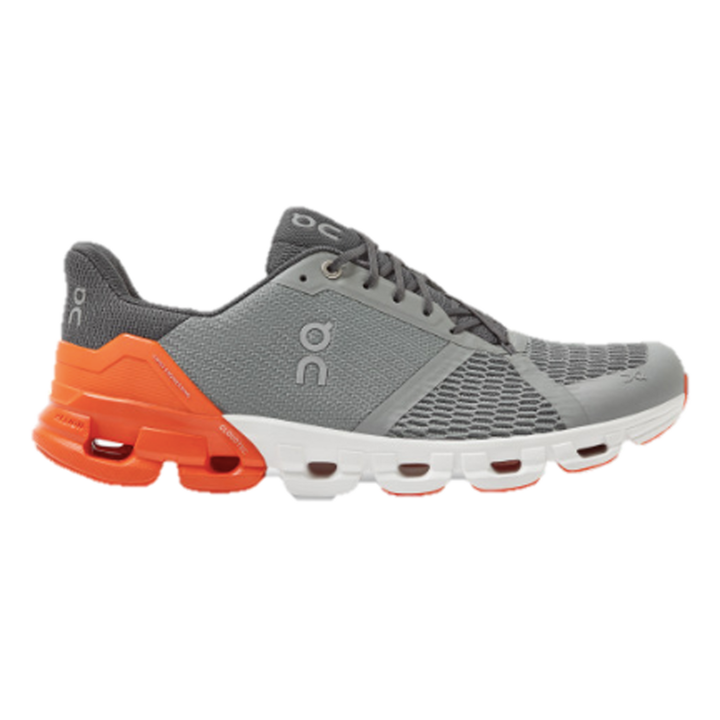 Men's ON Cloudflyer running shoe in colours grey and orange.