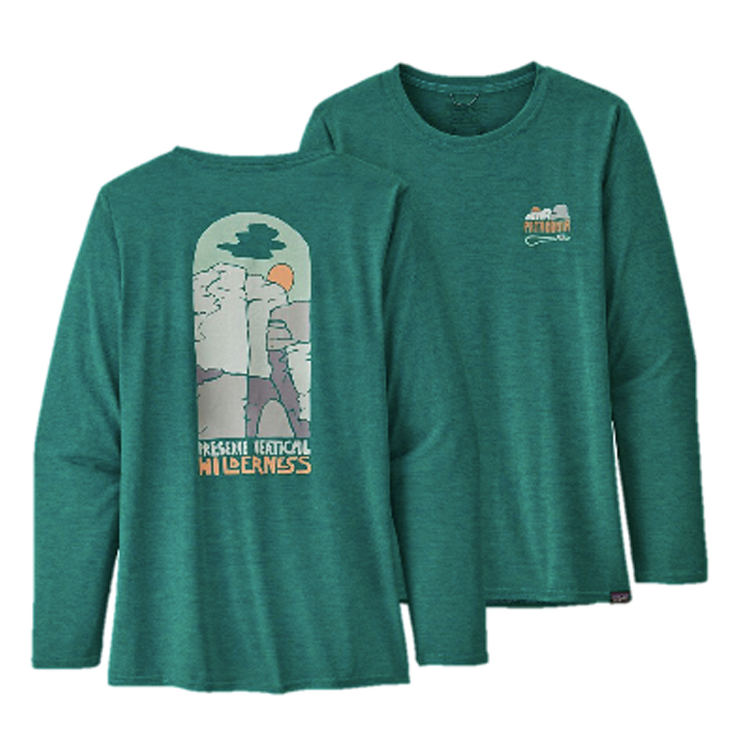 Patagonia Women's cap cool daily graphic long sleeve shirt in the colour sage green with a cliff scene on the back. 