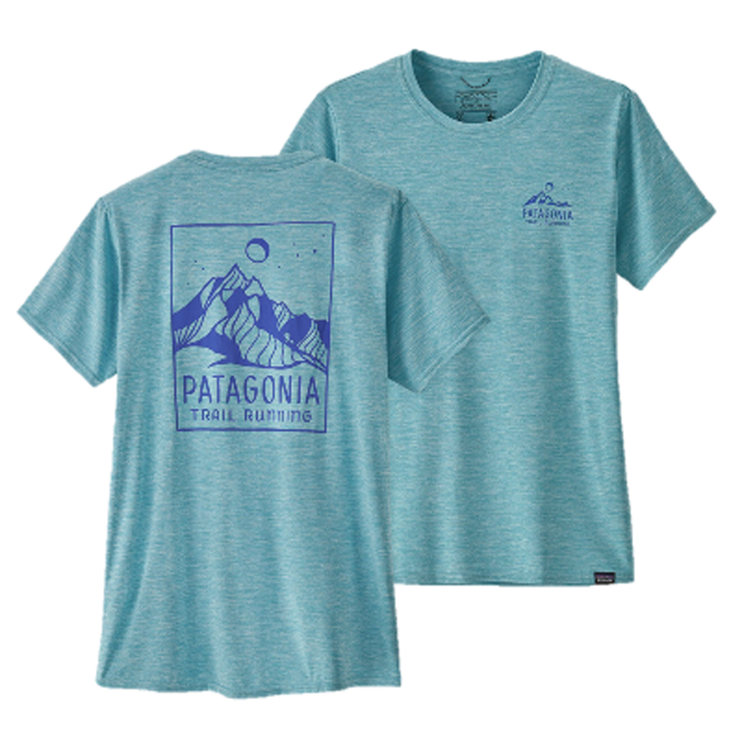 Women's cap cool daily graphic t-shirt in colour sky blue with graphic of a mountain scene on the back.