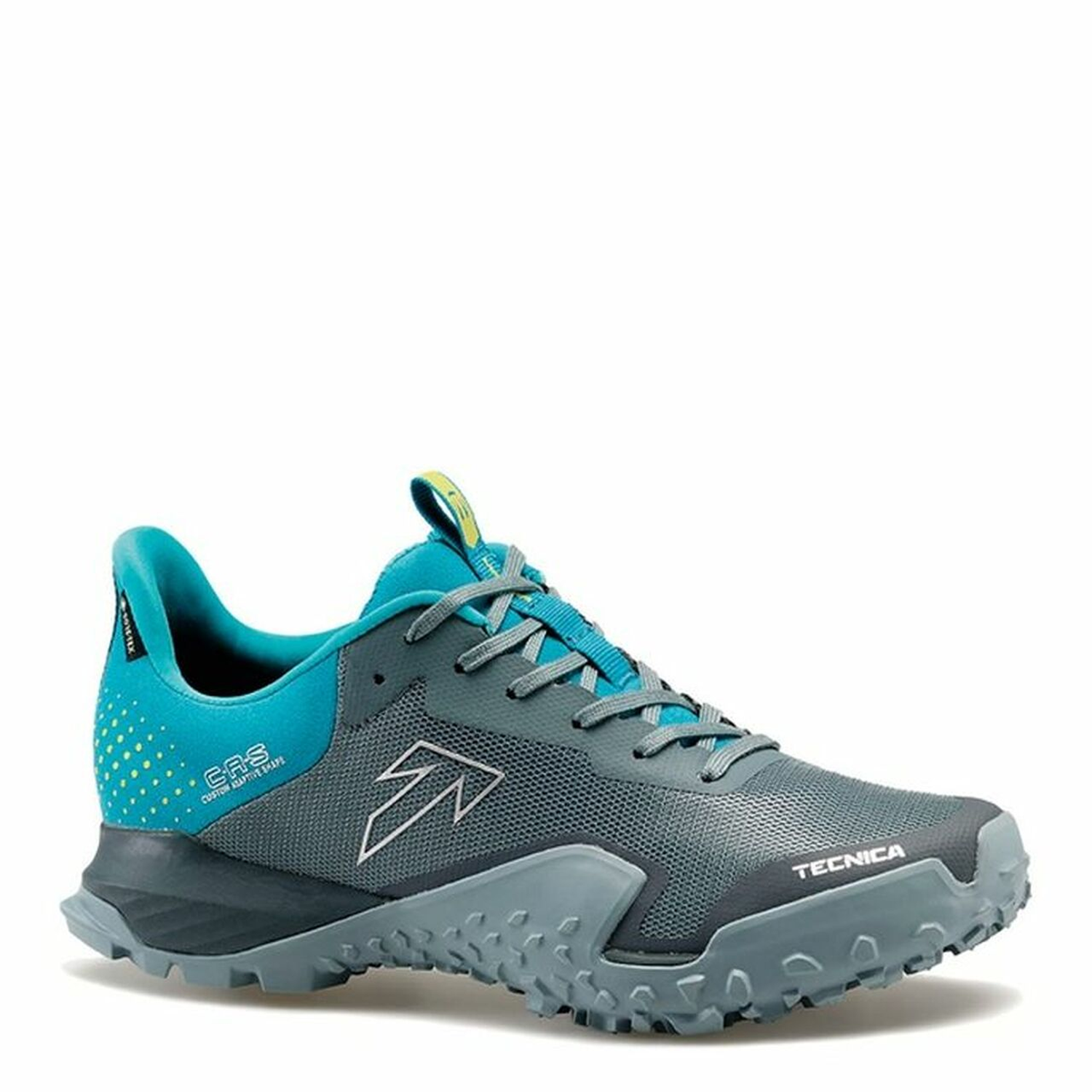 Side view of the Women's Tecnica Magma S GTX trail running shoe in the colour Fiume/Laguna 