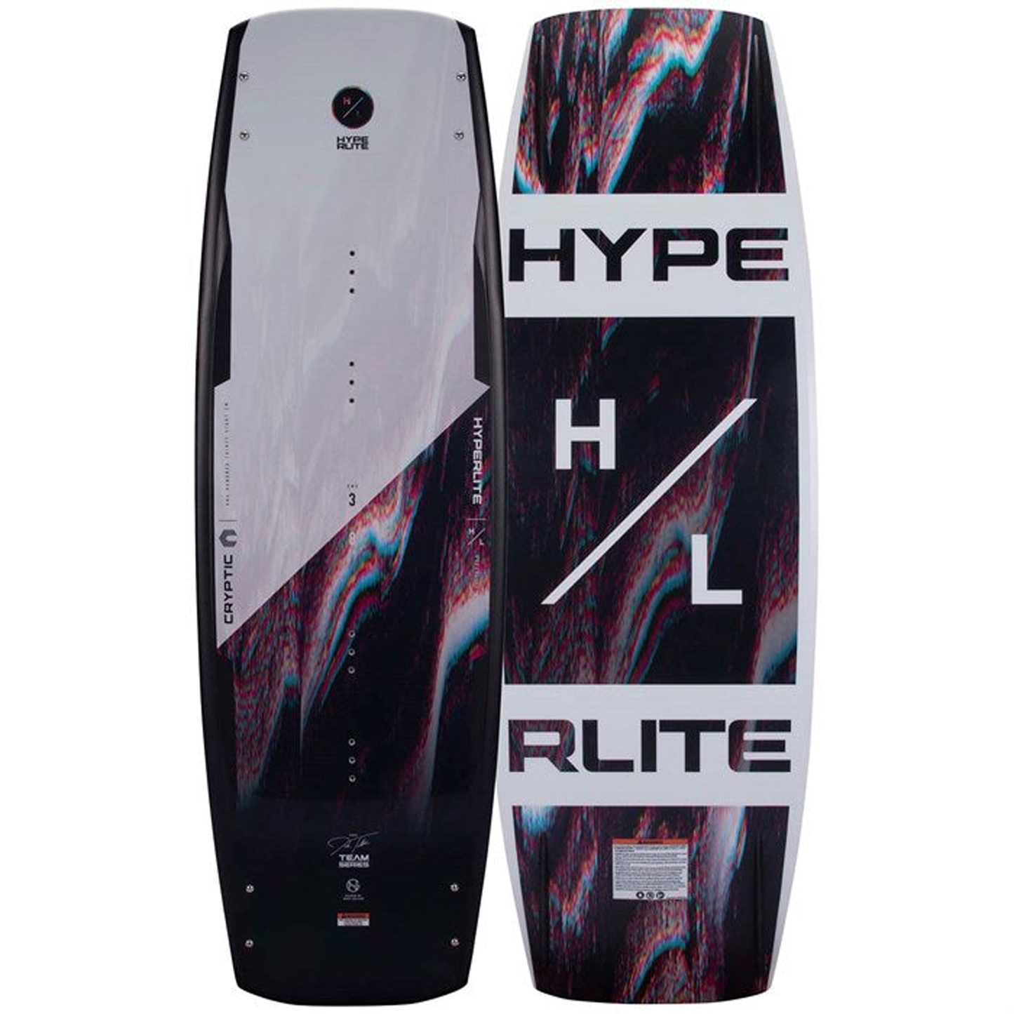Birds eye view (left) and bottom view (right) of the Hyperlite Cryptic Wakeboard