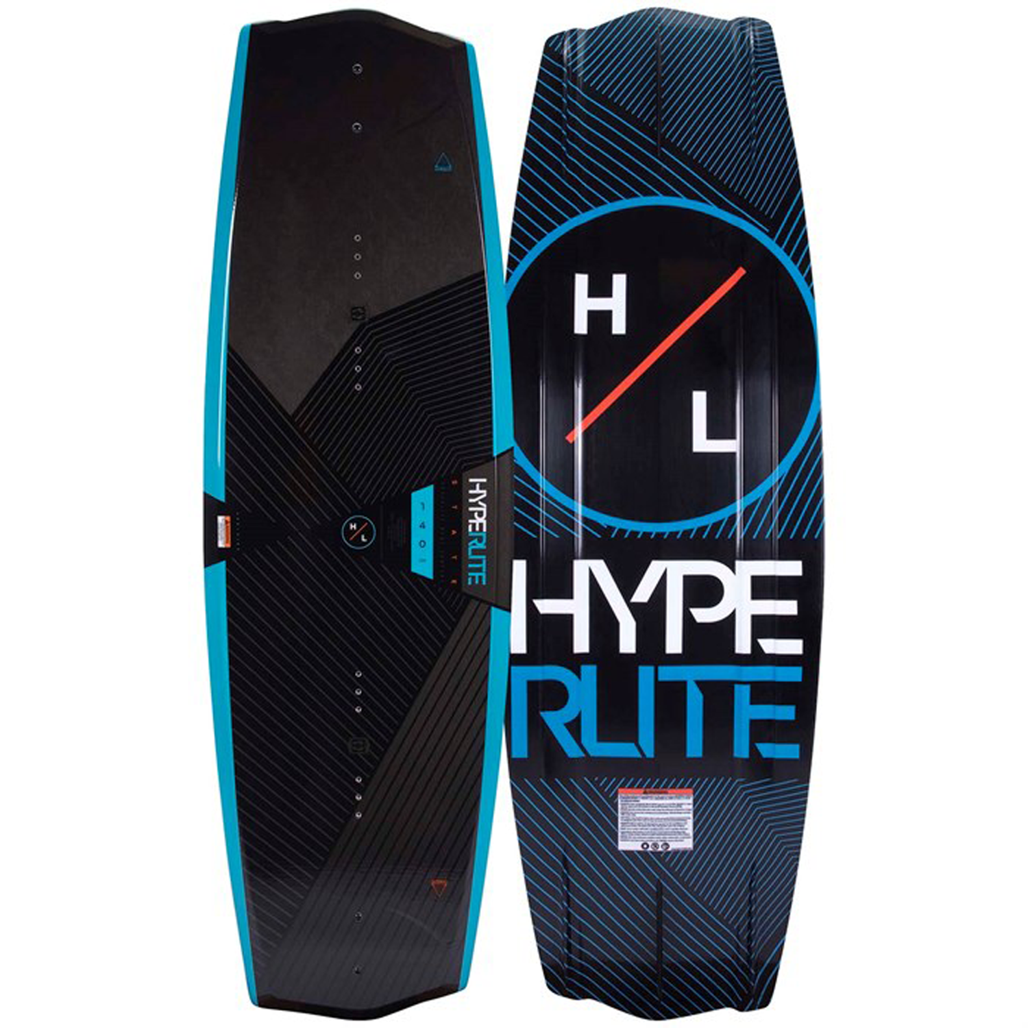 Birds eye view (left) and bottom view (right) of the Hyperlite state 2.0 Wakeboard