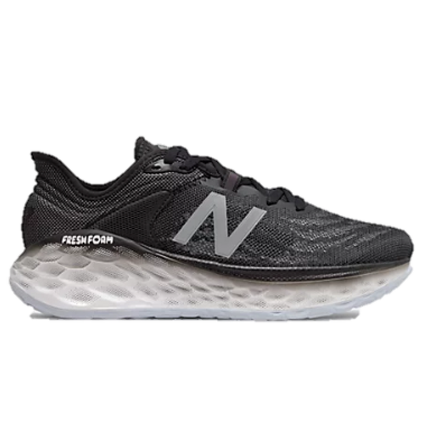 Women's New Balance More V2 running shoe. Upper in colour black with a white fresh foam sole. 