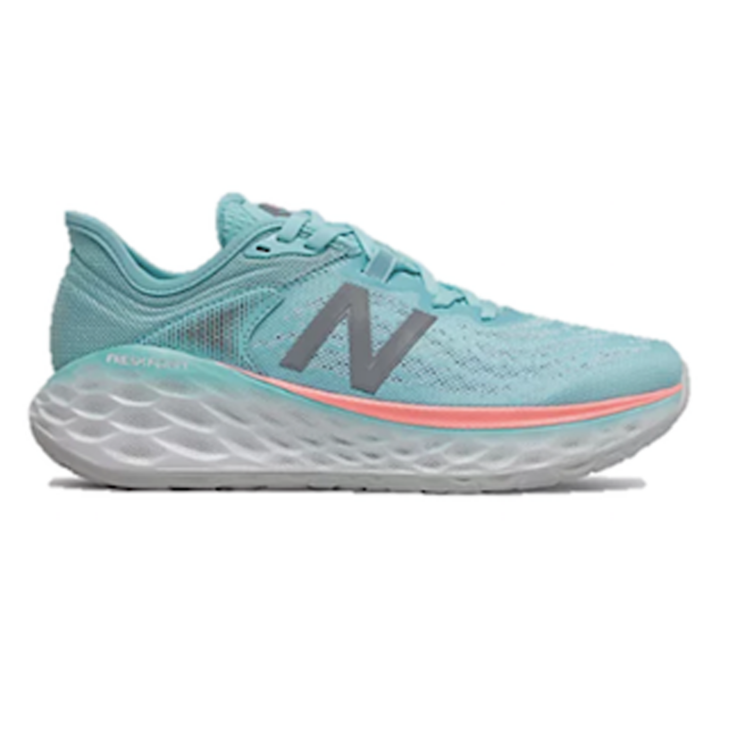 Women's New Balance More V2 running shoe. Upper in the colour light blue and fresh foam sole is white, with a small pink line. 