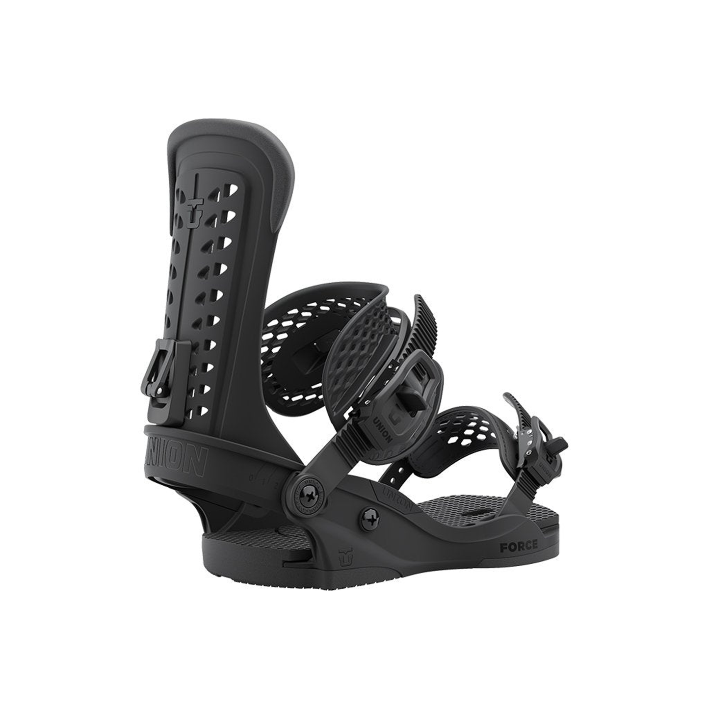 Back\Side view of the Union force snowboard binding in the colour black